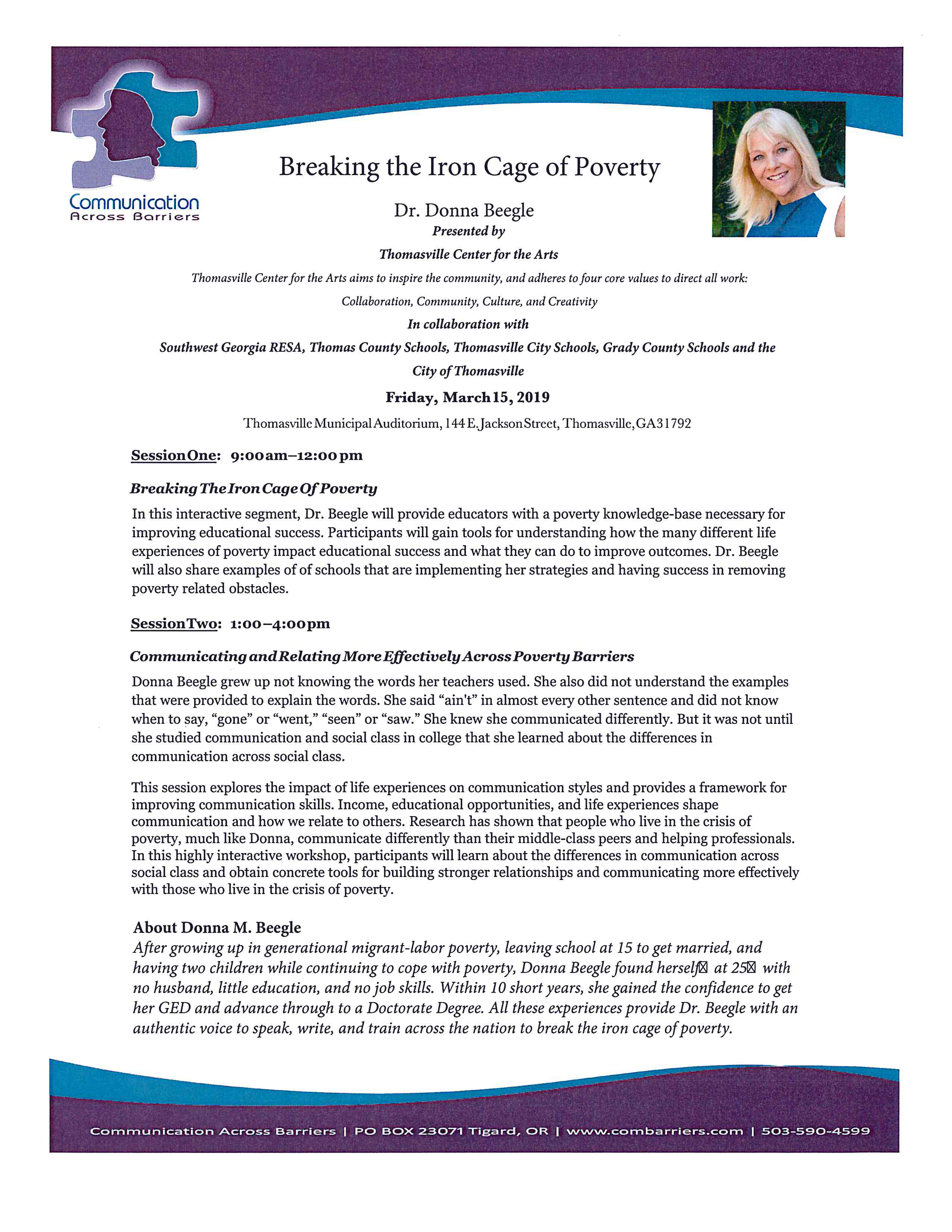 Teacher Rally - Breaking the Iron Cage of Poverty with Dr Donna Beegle Presented by Thomasville Center for the Arts in collaboration with Southwest GA RESA Thomas County Schools Thomasville City School Grady County Schools and the City of Thomasville Event Photo